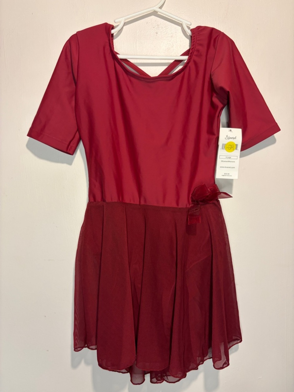 Leveret Girl NWT SK Leotard Maroon 6 Sleeves Criss Cross Back Sheer Skirt XL